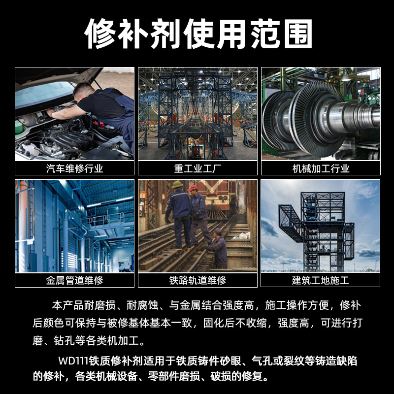 康达万达WD111铁质工业修补剂耐高温强力金属铸铁砂眼铁浆糊 500g